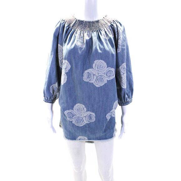One by One Teaspoon Womens Cotton Floral Print Ruched Denim Dress Blue Size 2XS - Picture 1 of 4